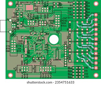 Vector printed circuit board of an electronic 
device with components of radio elements, 
conductors and contact pads placed on it. 
Engineering technical drawing. Electric background. Pcb pattern.