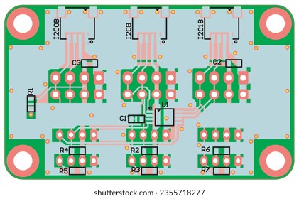 Vector printed circuit board of an electronic 
device with components of radio elements, 
conductors and contact pads placed on it. Engineering drawing.