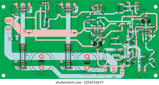 Vector printed circuit board of an electronic 
device with components of radio elements, 
conductors and contact pads placed on it. Engineering drawing.