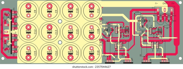 Vector printed circuit board of an electronic device with components of radio elements, conductors and contact pads placed on it. Engineering drawing.
