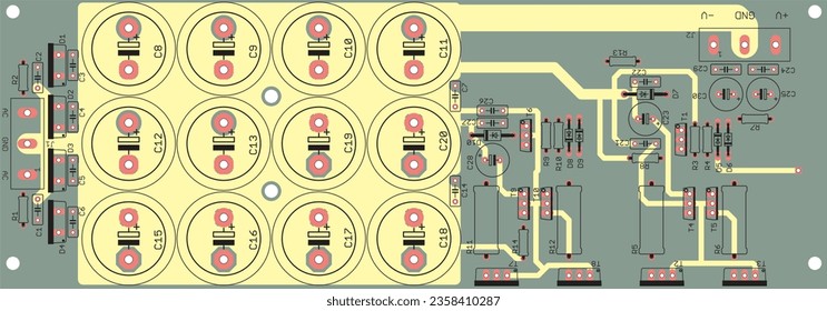 Vector printed circuit board of an electronic device with components of radio elements, conductors and contact pads placed on it. Engineering drawing.