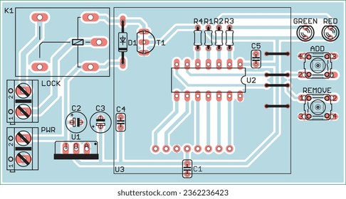 Vector printed circuit board of an electronic device with components of radio elements, conductors and contact pads placed on it. Engineering drawing
