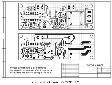 Vector printed circuit board of an electronic 
device with components of radio elements, 
conductors and contact pads placed on it. Engineering drawing with grid.