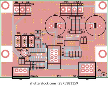 Vector printed circuit board of an electronic 
device with components of radio elements, 
conductors and contact pads placed on it.  Engineering technical drawing. Electric background. Pcb pattern. 