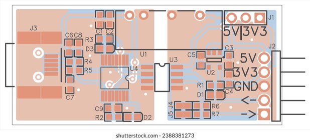 Vector printed circuit board of an electronic 
device with components of radio elements, 
conductors and contact pads placed on it. 
Engineering technical drawing. Electric background. Pcb pattern.