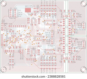 Vector printed circuit board of an electronic 
device with components of radio elements, 
conductors and contact pads placed on it.  Engineering drawing.