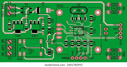 Tarjeta de circuito impreso vectorial de un dispositivo electrónico con componentes de elementos de radio, conductores y almohadillas de contacto colocadas en ella. Dibujo de ingeniería.