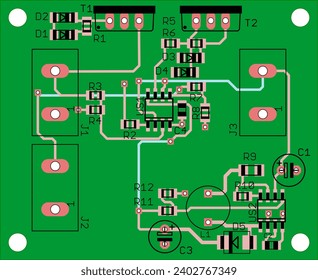 Vector printed circuit board of an electronic 
device with components of radio elements, 
conductors, contact pads placed on it. 
Engineering technical drawing. Pcb pattern. Electric background.