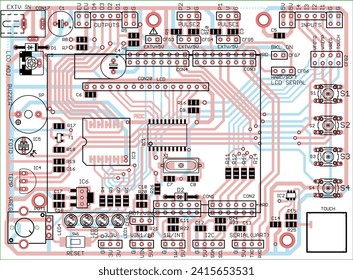 Vektorgedruckte Schalttafel für elektronische Medien 
Vorrichtung mit Bestandteilen von Funkelementen, 
Dirigenten und Kontaktpads, die darauf angebracht sind. 
Technische Zeichnungen. Konzept der PC-Konstruktion.