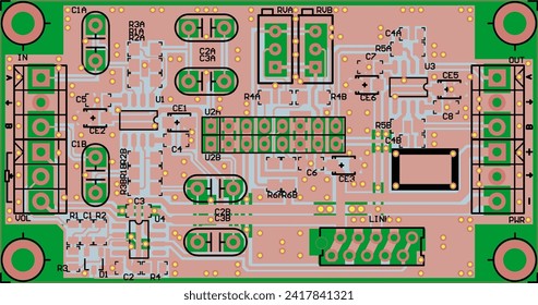 Vector printed circuit board of an electronic 
device with components of radio elements, 
conductors and contact pads placed on it.  Engineering technical drawing.