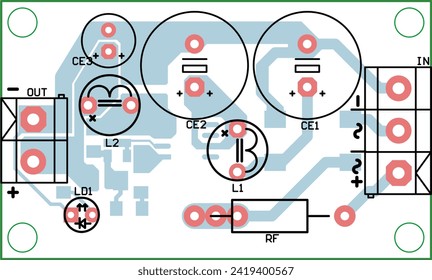Vector printed circuit board of electronic 
device with components of radio elements, 
conductors and contact pads placed on it. 
Engineering technical drawing. Pcb template.
Electric background.