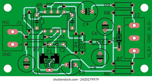Vector printed circuit board of electronic device with components of radio elements, 
conductors and contact pads placed on it.  Engineering technical drawing. Pcb template. Electric background.