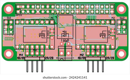 Vector printed circuit board of an electronic device with components of radio elements, 
conductors and contact pads placed on it.  Engineering technical drawing.