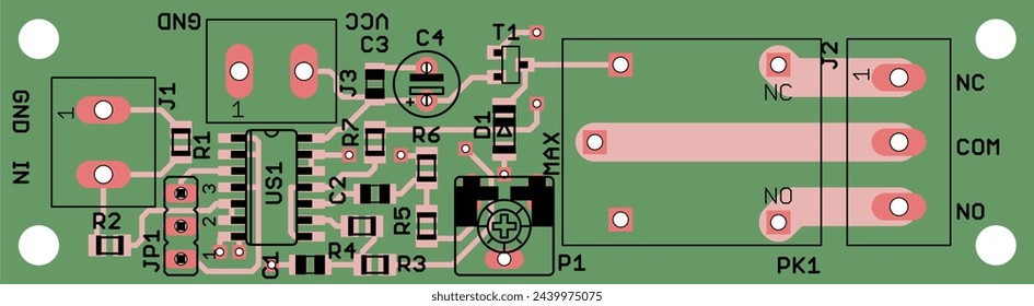 Vector printed circuit board of electronic 
device with components of radio elements, 
conductors and contact pads placed on it. Engineering drawing.