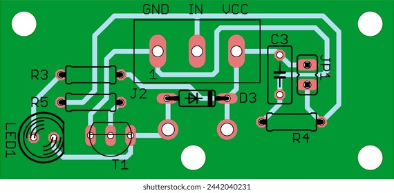 Vector printed circuit board of electronic 
device with components of radio elements, 
conductors and contact pads placed on it. Engineering drawing.