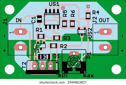 Vector printed circuit board of electronic 
device with components of radio elements, 
conductors and contact pads placed on it.  Engineering drawing of pcb design.