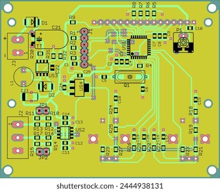 Vector printed circuit board of electronic 
device with components of radio elements, 
conductors and contact pads placed on it. 
Engineering technical drawing. Electric background. Pcb design.
