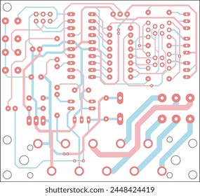 Vector printed circuit board of electronic 
device with components of radio elements, 
conductors and contact pads placed on it. 
Engineering drawing.