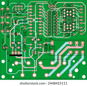 Vector printed circuit board of electronic 
device with components of radio elements, 
conductors and contact pads placed on it. 
Engineering drawing.
