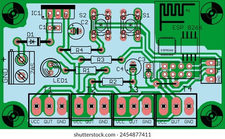 Vector printed circuit board of electronic 
device with components of radio elements, 
conductors and contact pads placed on it. 
Engineering drawing of pcb design.