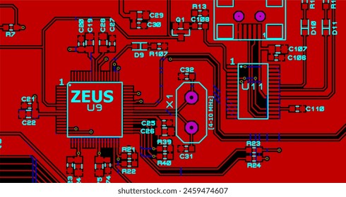 Vector printed circuit board of electronic 
device with components of radio elements, 
conductors and contact pads placed on it.  Engineering drawing.