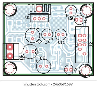 Tarjeta de circuito impreso de Vector de electrónica 
dispositivo con componentes de Elementos de radio, 
conductores y almohadillas de contacto colocadas en pcb.  Dibujo técnico de ingeniería.