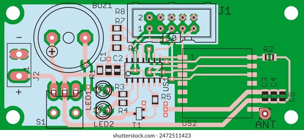 Vector printed circuit board of electronic device with components of radio elements, conductors and contact pads placed on pcb. Engineering technical drawing.