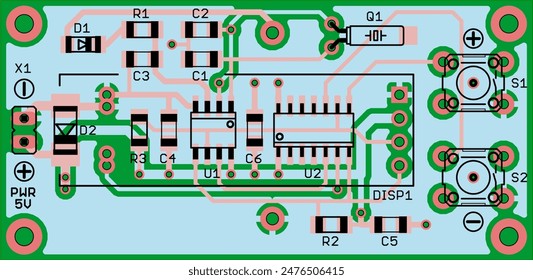 Vector printed circuit board of electronic 
device with components of radio elements, 
conductors and contact pads placed on pcb. 
Engineering technical drawing.