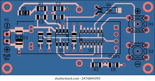 Vector printed circuit board of electronic device with components of radio elements, conductors and contact pads placed on pcb. Engineering technical drawing.