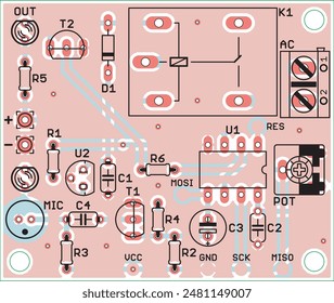 Vector printed circuit board of electronic 
device with components of radio elements, 
conductors and contact pads placed on pcb.  Engineering technical drawing.