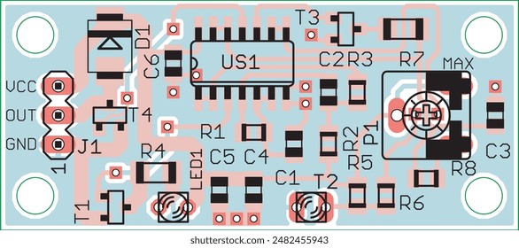 Vector printed circuit board of electronic 
device with components of radio elements, 
conductors and contact pads placed on pcb. Engineering technical drawing.