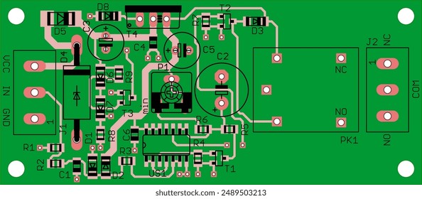 Vector printed circuit board of electronic 
device with components of radio elements, 
conductors and contact pads placed on pcb. Engineering technical drawing.