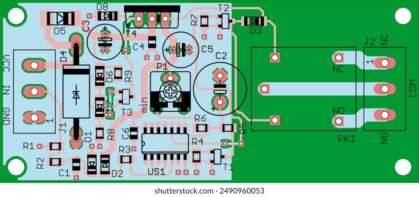 Vector printed circuit board of electronic device with components of radio elements, conductors and contact pads placed on pcb. Engineering technical drawing.