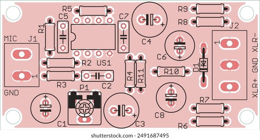 Vector printed circuit board of electronic 
device with components of radio elements, 
conductors and contact pads placed on pcb.  Engineering technical drawing.