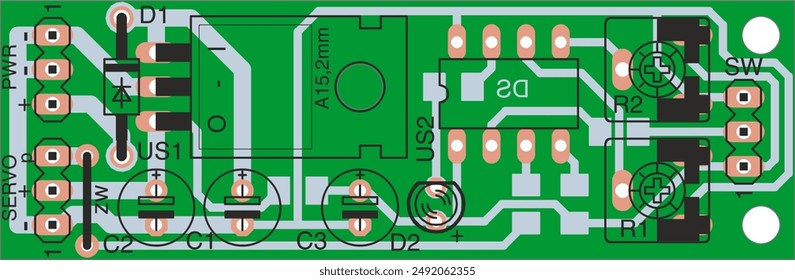 Vector printed circuit board of electronic 
device with components of radio elements, 
conductors and contact pads placed on pcb.  Engineering technical drawing.