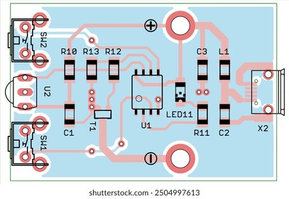 Vector printed circuit board of electronic 
device with components of radio elements, 
conductors and contact pads placed on pcb. 
Engineering technical drawing.