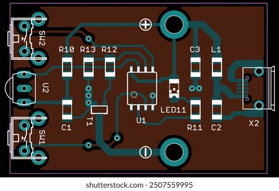 Vector printed circuit board of electronic 
device with components of radio elements, 
conductors and contact pads placed on pcb. 
Engineering technical drawing.