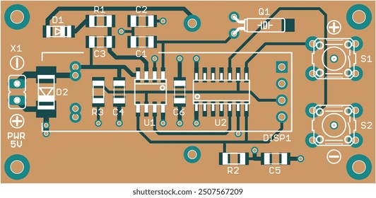 Vector printed circuit board of electronic 
device with components of radio elements, 
conductors and contact pads placed on pcb. 
Engineering technical drawing.