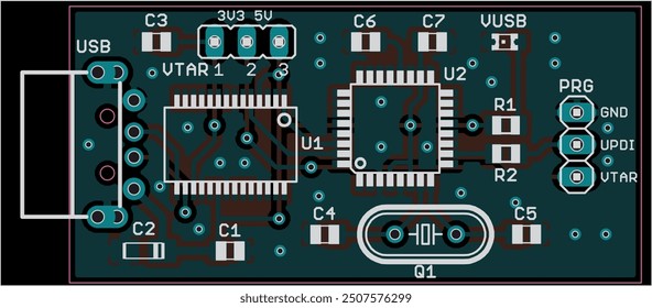 Vector printed circuit board of electronic 
device with components of radio elements, 
conductors and contact pads placed on pcb. 
Engineering technical drawing.