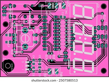 Vector printed circuit board of electronic 
device with components of radio elements, 
conductors and contact pads placed on pcb.  Engineering technic drawing.