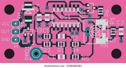 Vector printed circuit board of electronic 
device with components of radio elements, 
conductors and contact pads placed on pcb. 
Engineering technical drawing.