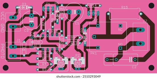 Vector printed circuit board of an electronic 
device with components of radio elements, 
conductors and contact pads placed on it. 
Engineering drawing. Tracing the conductors.