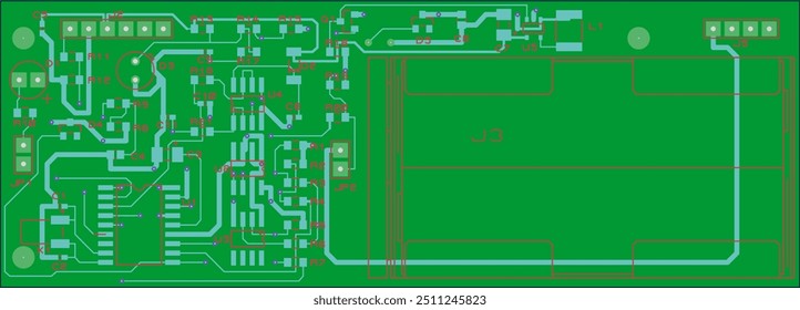 Vector printed circuit board of  
electronic device with components of radio elements, 
conductors and contact 
pads placed on pcb. Engineering technic drawing. Tracing conductors.