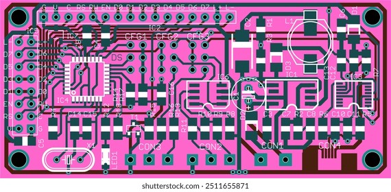 Vector printed circuit board of electronic 
device with components of radio elements, 
conductors and contact pads placed on pcb.  Engineering computer technic drawing.