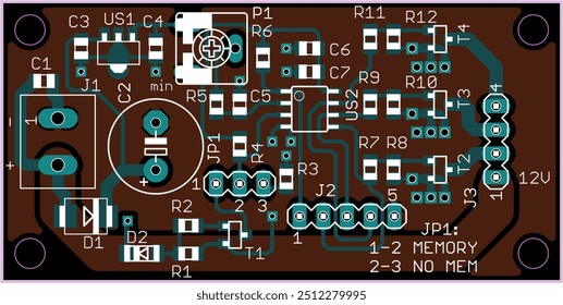 Vector printed circuit board of electronic device with components of radio elements, 
conductors and contact pads placed on pcb.  Engineering technical drawing.