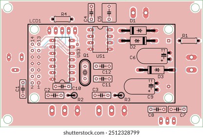 Vector printed circuit board of electronic 
device with components of radio elements, 
conductors and contact pads placed on pcb. 
Engineering technical drawing.