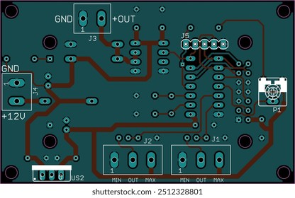 Vector printed circuit board of electronic 
device with components of radio elements, 
conductors and contact pads placed on pcb. 
Engineering technical drawing.