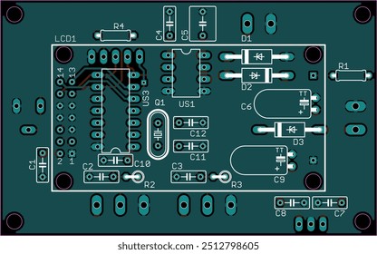 Vector printed circuit board of electronic device with components of radio elements, conductors and contact pads placed on pcb. Engineering technical drawing.