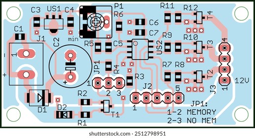 Vector printed circuit board of electronic device with components of radio elements, conductors and contact pads placed on pcb. Engineering technical drawing. Electric background.