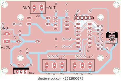 Vector printed circuit board of electronic device with components of radio elements, conductors and contact pads placed on pcb. Engineering technical drawing.